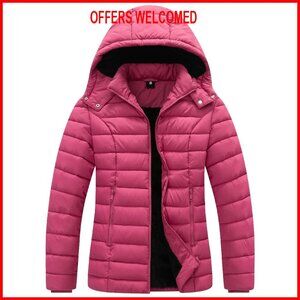 Women's Quilted Down Puffer Jacket Waterproof Windproof Slim Fit Detachable Hood